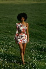 Women Fashion Floral Print Cutout Lantern Long Sleeve Dress