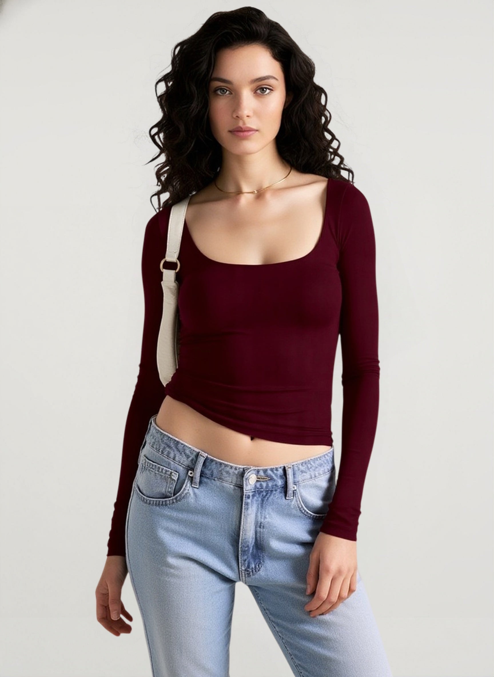 Y2K Solid Slim U neck Long Sleeve Crop Top