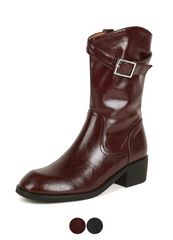 Julianti Women's Winter Round Toe Leather Boots Square Metal Buckle Mid-Calf