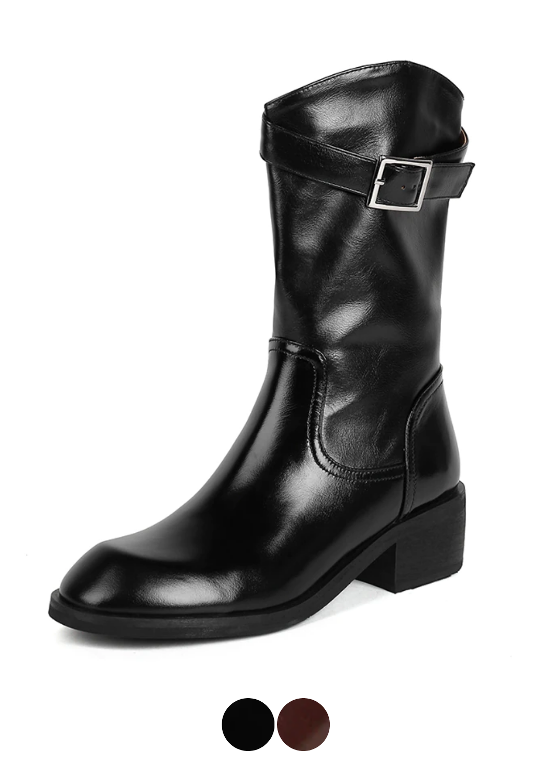 Julianti Women's Winter Round Toe Leather Black Boots  Square Metal Buckle Mid-Calf