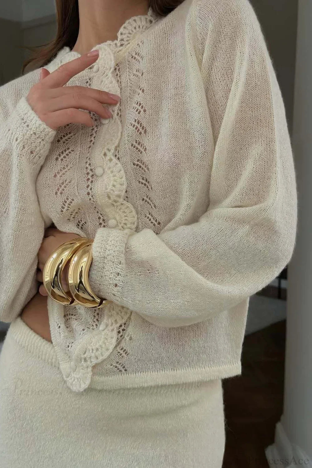 Solid Lace Cutout Knit Crew Neck Cardigan