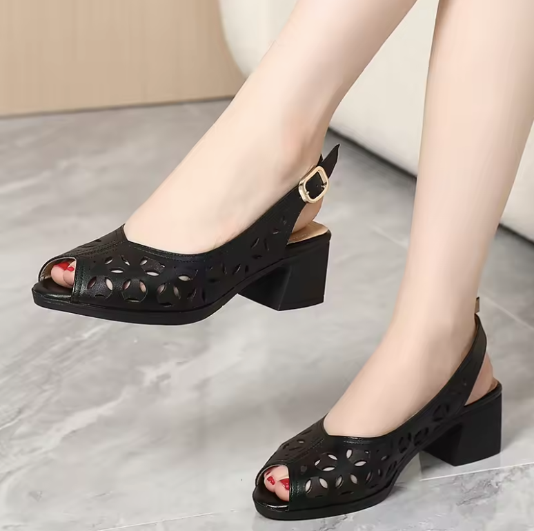 Albania Open Toe Square Heel Leather Sandals