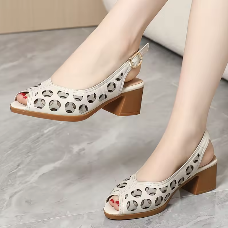 Albania Open Toe Square Heel Leather Sandals