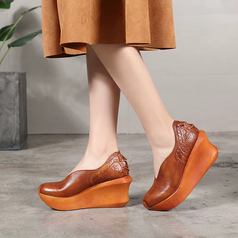 Alonsa Women's Thick Sole Leather Comfortable Wedges
