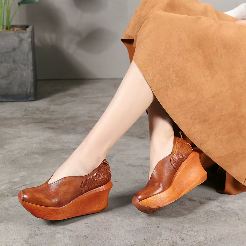 Alonsa Women's Thick Sole Leather Comfortable Wedges