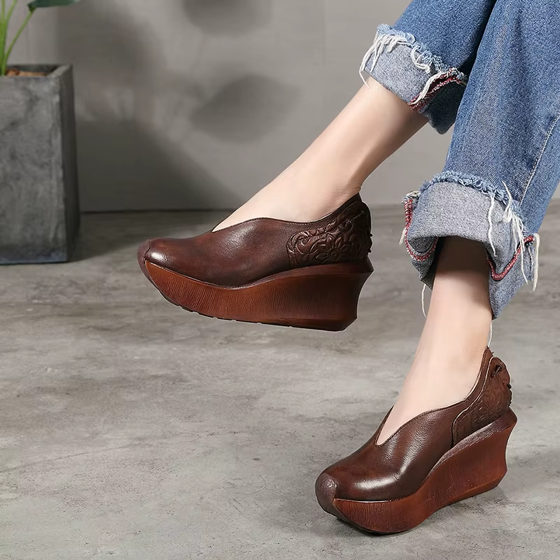Alonsa Women's Thick Sole Leather Comfortable Wedges