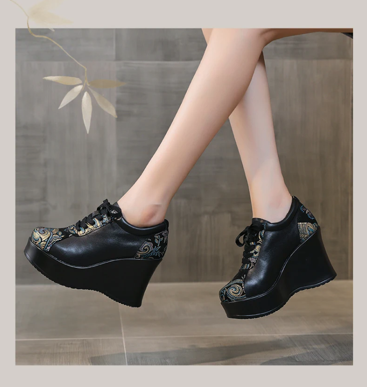 Elsy Women's Leather Wedge Platform Shoes
