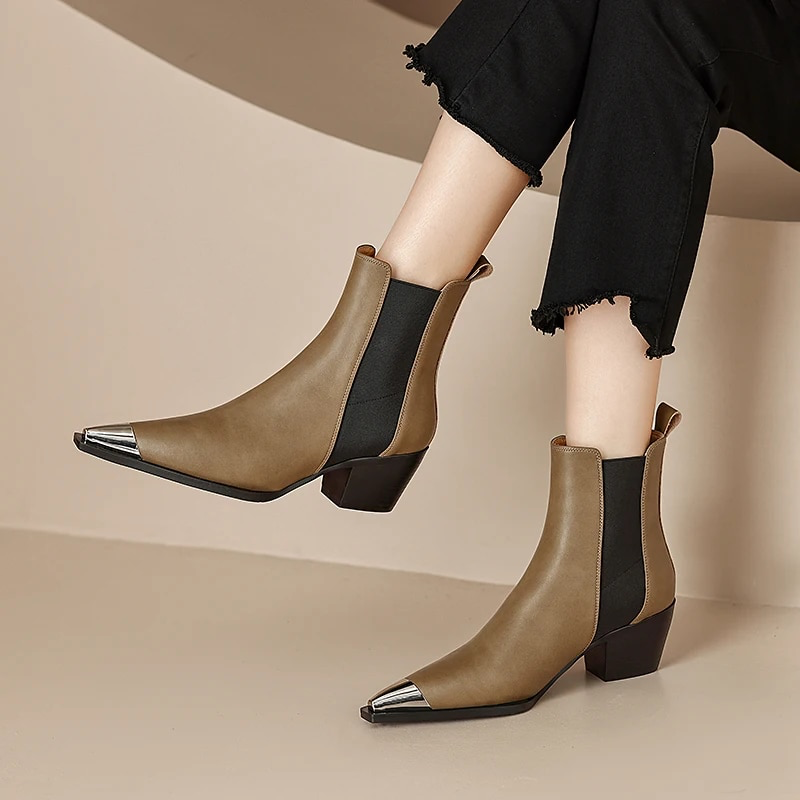 Ferrez Women's Metal Ladies Pointed Toe Ankle Boots