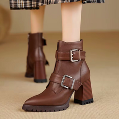 Karla Women's Leather Chunky High Heels Ankle Boots
