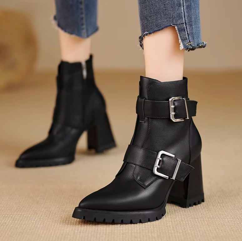 Karla Women's Leather Chunky High Heels Ankle Boots