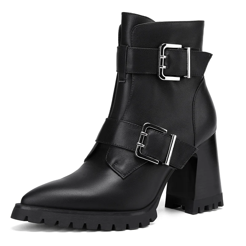 Karla Women's Leather Chunky High Heels Ankle Boots