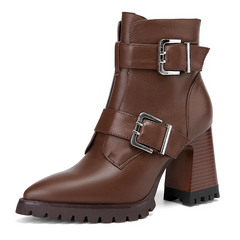 Karla Women's Leather Chunky High Heels Ankle Boots