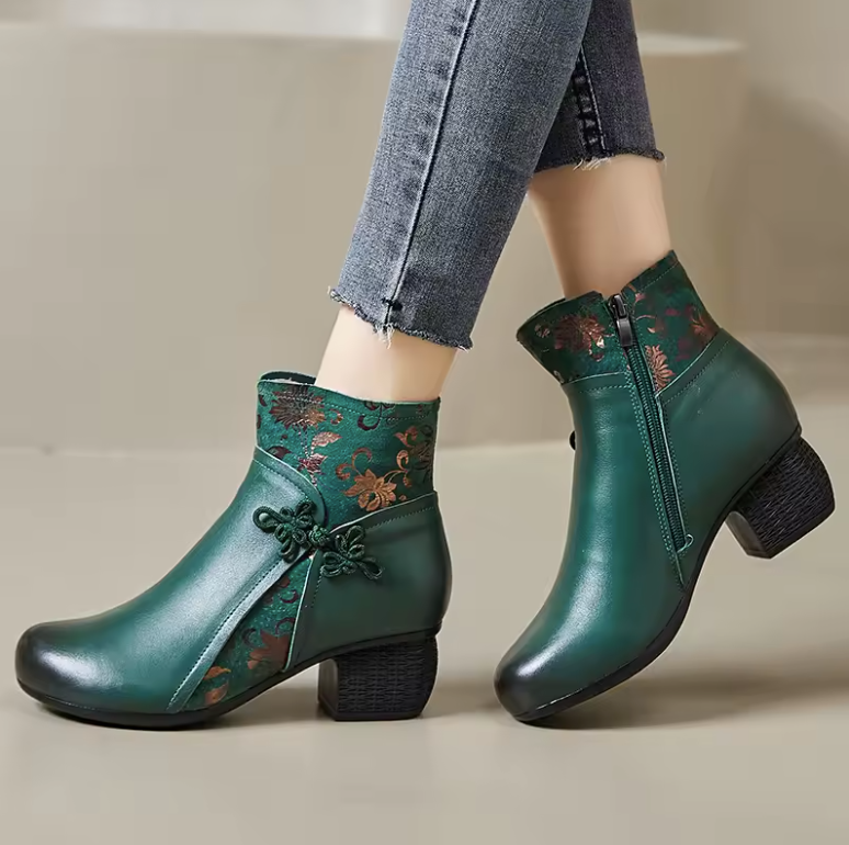 Laureana Women's Ethnic Printed Leather Ankle Boots