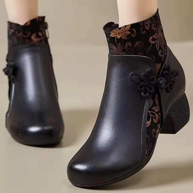 Laureana Women's Ethnic Printed Leather Ankle Boots