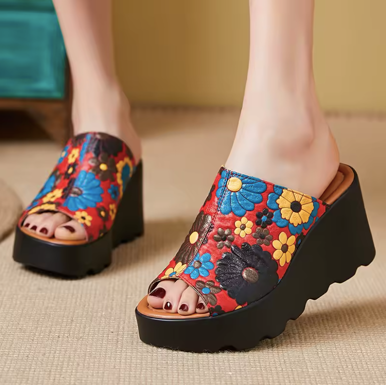 Olga Women's Leather Flowers Platform Sandals