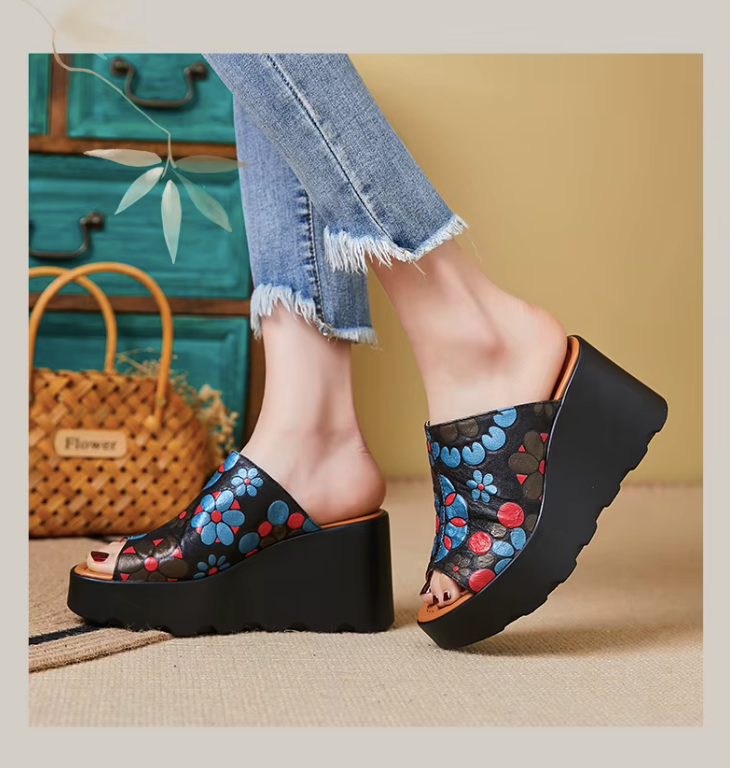 Olga Women's Leather Flowers Platform Sandals