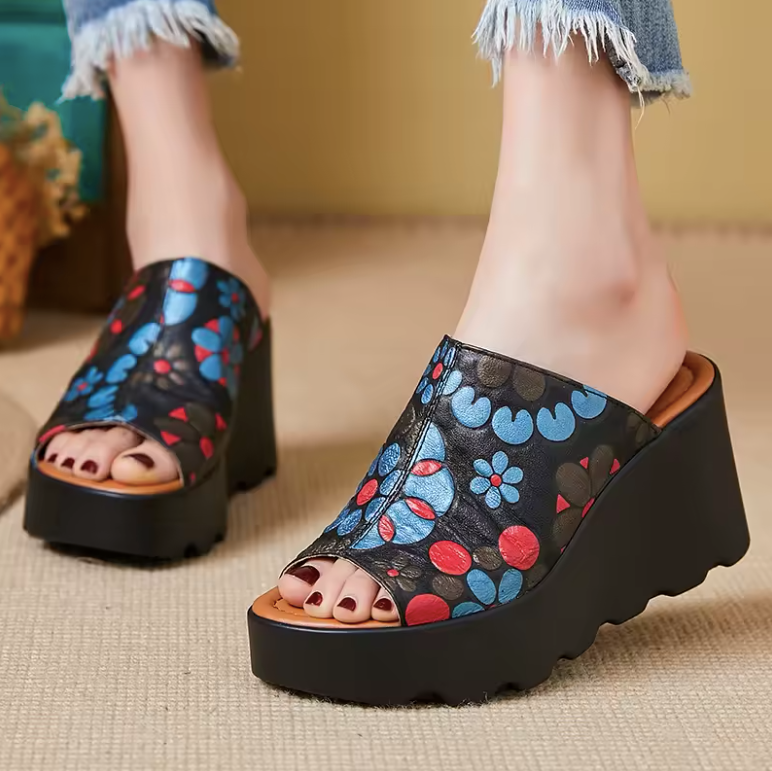Olga Women's Leather Flowers Platform Sandals
