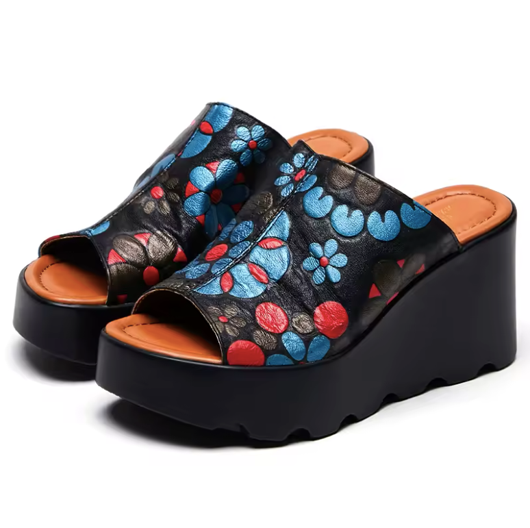 Olga Women's Leather Flowers Platform Sandals