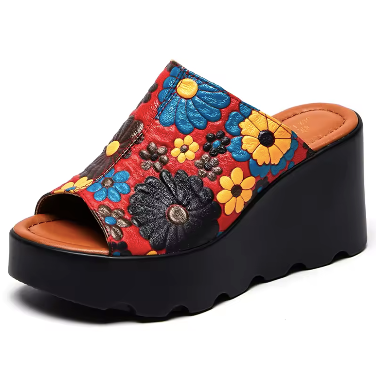 Olga Women's Leather Flowers Platform Sandals