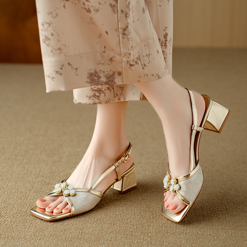 Peniche Women's Square Heel Leather Luxury Sandals